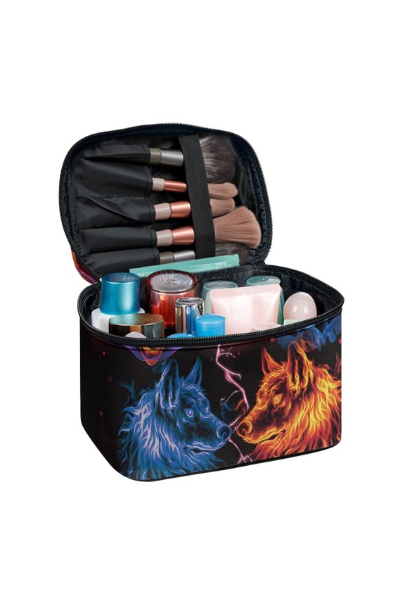 Fire Ice Wolves Case Wide-open Portable Makeup Bag Organizer Travel-Size Accessories Gift for Adults Polyester
