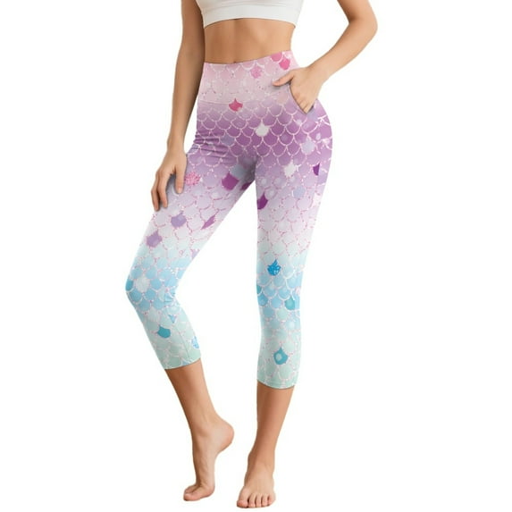 HELLHERO Fish Scale Printed Capri Leggings Athletic Yoga Pants High Waisted Workout Leggings for Sports Gym, XL