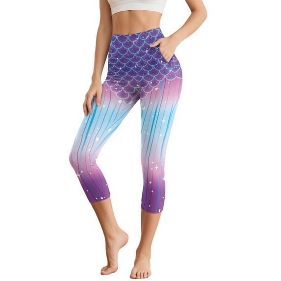 HELLHERO Fish Scale Printed Capri Leggings for Women High Waisted Yoga Pants Breathable Workout Leggings with Pockets, XS