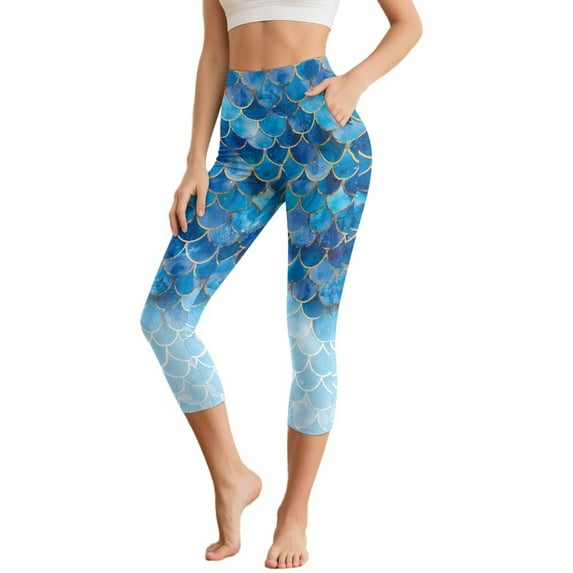 HELLHERO Fish Scale Printed Capri Leggings for Women High Waisted Yoga Pants Breathable Yoga Leggings with Pockets, XS