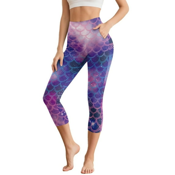 HELLHERO Fish Scale Printed Yoga Leggings for Women High Waisted Yoga Pants High Waisted Capri Leggings with Pockets, L