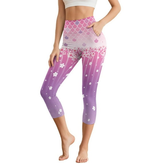 HELLHERO Fish Scale Printed Yoga Pants for Women High Waisted Capri Leggings Cherry Blossom Printed Workout Leggings with Pockets, S