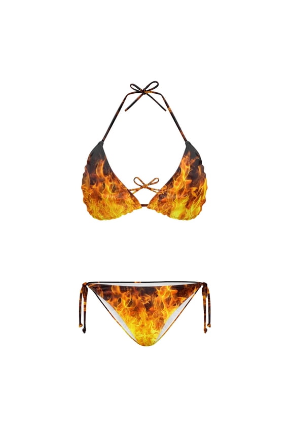 Flame Print Two Piece Bikini Set Sexy Backless Swimwear Quick Dry Adjustable Halter Drawstring Vacation Outfit