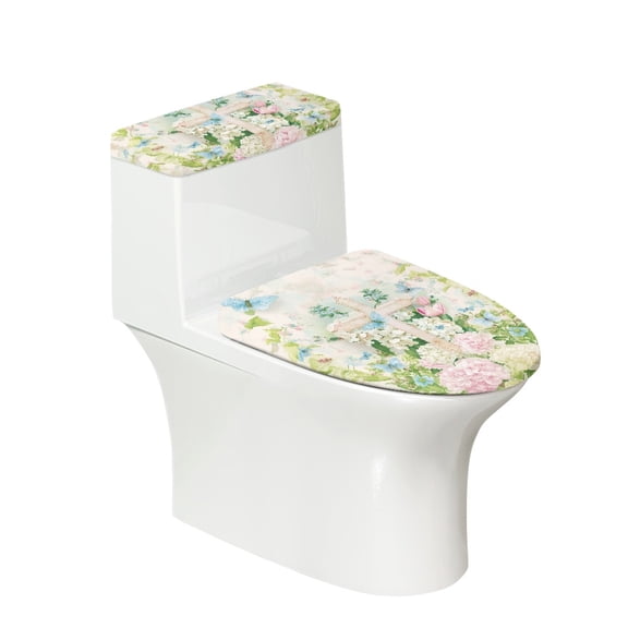 HELLHERO Floral Butterflies Elastic Bottom Washable 2-Piece with Soft Bathroom Toilet Cover Set Stretch Fit