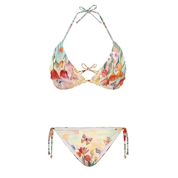 HELLHERO Floral Butterfly Print Two Piece Bikini Set for Women Ladies' Tie Side Halter Bathing Suit Long-Lasting Swimwear for Beach