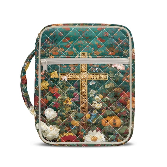 HELLHERO Floral Golden Cross Quilted Bible Cover for Scripture Study, Polyester Fabric Quilted Bible Cover Case with Roomy Lightweight Quilted Bible Holder Case