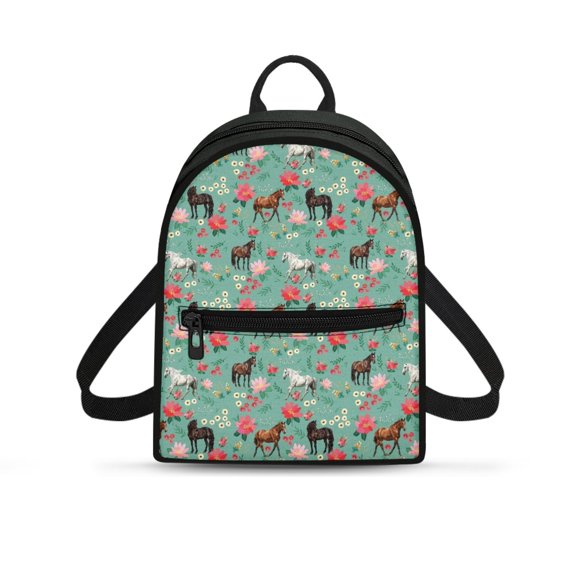 HELLHERO Floral Horse Print Casual Daypack for Daily Shopping, Front Pocket Womens Travel Backpack Polyester Practical Mini Backpack