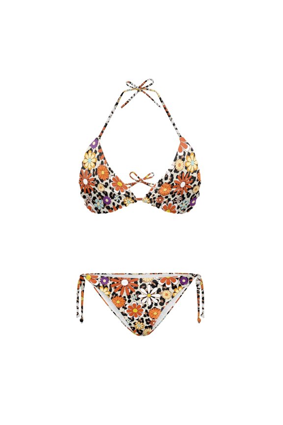 Floral Leopard Print Ladies Two Piece Bikini Set Adjustable Halter Drawstring Side Swimwear Women's Quick Dry Bathing Suit for Summer