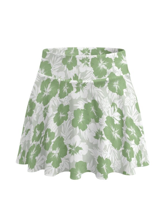 Floral Pattern Built-in Shorts Running Skorts, 2 Side Pockets Comfortable Polyester Spandex Golf Skort for Tennis Yoga Outing