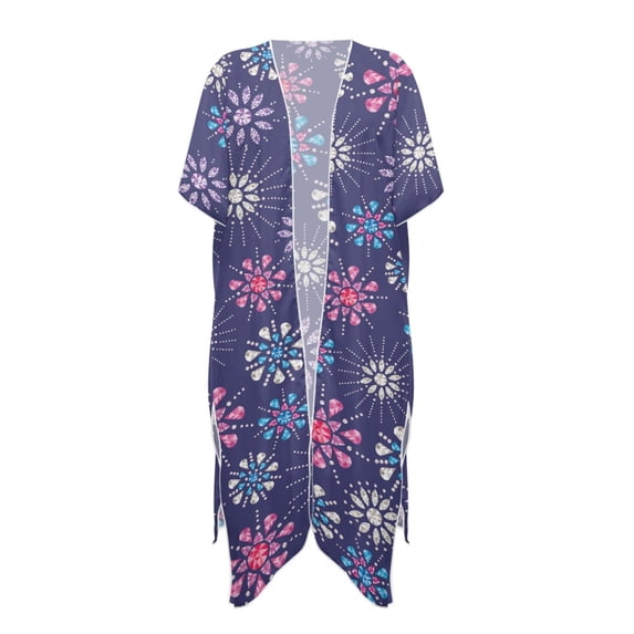 HELLHERO Floral Pattern Deep Blue Background Bathing Suit Cover Up Long High Quality Fabrics Loose Long Kimono Swimsuit Cover Up