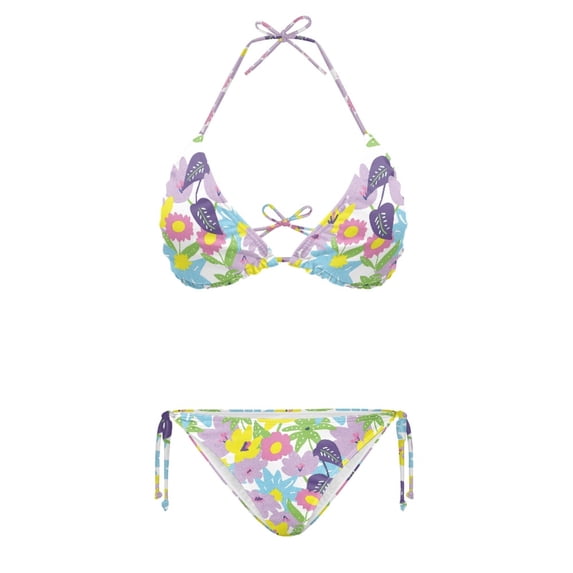 HELLHERO Floral Print Ladies Two Piece Bikini Swimsuit Set Lightweight Triangle Halter Tie Side Bathing Suit Women's Summer Beach Swimwear