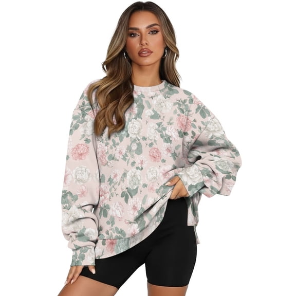 HELLHERO Floral Print Women Sweatshirt Oversized Fashion Crewneck Pullover Tops Long Sleeve Sweatshirt Fall Travel Top Size XXXL