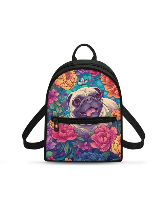 Floral Pug Dog Print Backpack Purses for Women Versatile Small Backpack for Hangouts Travel, Polyester Adjustable Strap Mini Backpack