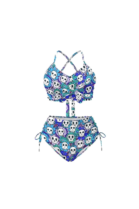Floral Skull Print Womens High Waisted Bikini Sets Polyester Fabric Modest Bathing Suit 2 Piece