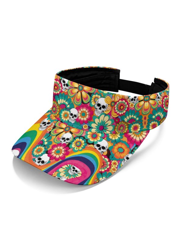 Floral Skulls with Rainbow Open Top Visors, UV Protection Sports Sun Visor Cap Polyester Fabric Comfortable Empty Top Design Sun Visor Hat for Golf