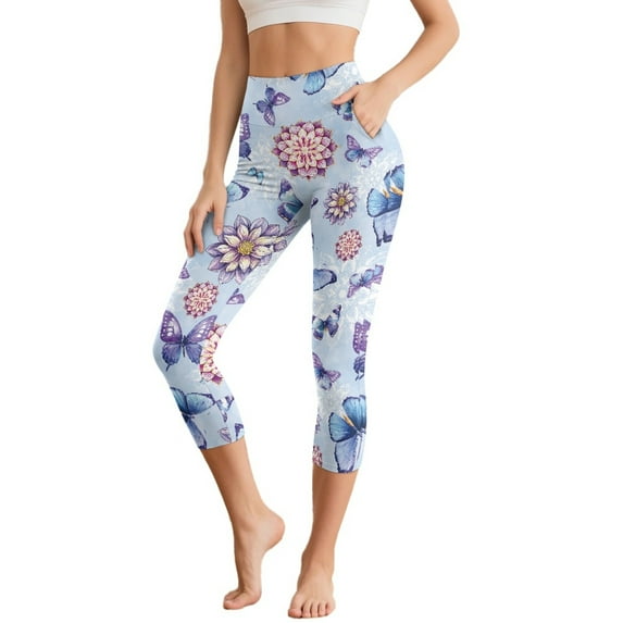 HELLHERO Flower Butterfly Printed Yoga Pants for Women High Waisted Workout Leggings Athletic Workout Leggings with Pockets, 3XL