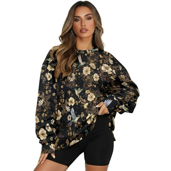 HELLHERO Flower Hummingbird Print Crewneck Sweatshirt, Long Sleeve Pullover Tops Fashion Oversized Sweatshirt for Women Size XL