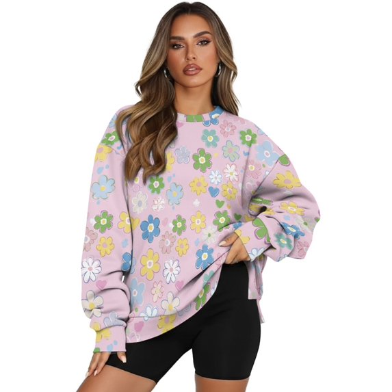 HELLHERO Flower Print Women Sweatshirt Oversized, Long Sleeve Pullover Tops Fall Fashion Crewneck Sweatshirt Size XXXL