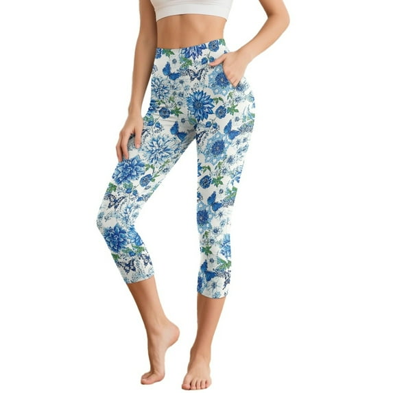 HELLHERO Flower Printed Capri Leggings for Women Tummy Control Yoga Leggings Breathable Yoga Pants with Pockets, XL