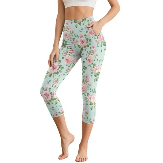HELLHERO Flower Printed Yoga Leggings for Women High Waisted Capri Leggings Breathable Yoga Pants for Sports, S