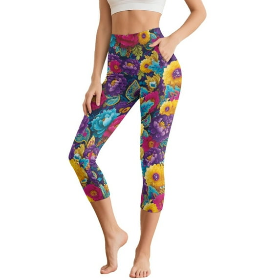 HELLHERO Flower Printed Yoga Leggings for Women High Waisted Capri Leggings Breathable Yoga Pants with Pockets, XL