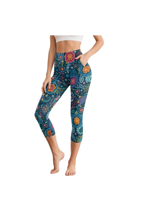 Flower Printed Yoga Pants for Women High Waisted Capri Leggings Athletic Workout Leggings with Pockets, 3XL