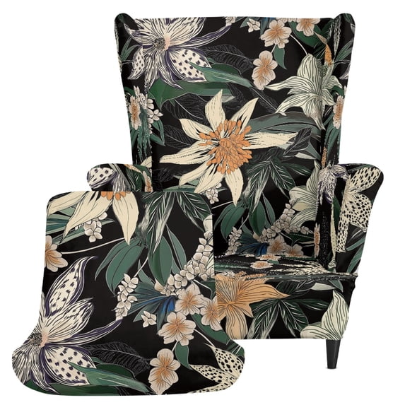 HELLHERO Flowers Pattern 2 Piece Wingback Chair Cover, Soft Non-slip Wingback Chair Slipcover Elastic Polyester Single-Seat Wingback Armchair Covers for Bedroom Living Room