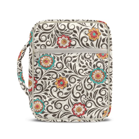 HELLHERO Flowers Pattern Quilted Bible Case for Daily Use, Polyester Fabric Bible Cover Case with Pockets Portable Quilted Bible Cover