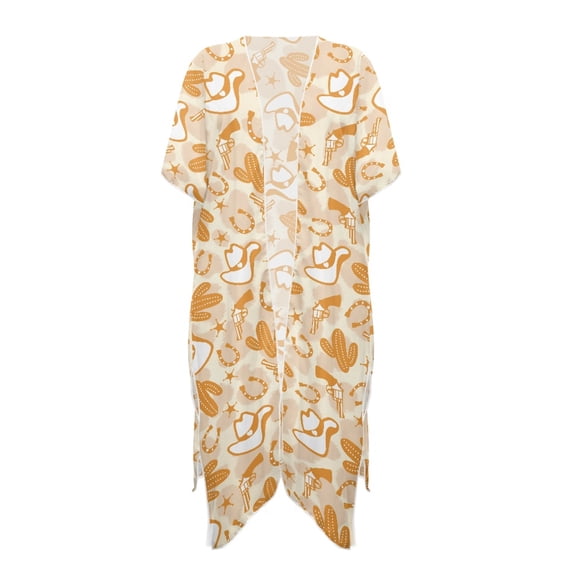 HELLHERO Flowy Long Kimono Swimsuit Cover Up for Beach Polyester Lightweight Bathing Suit Cover Up Western Cowboy Pattern Design