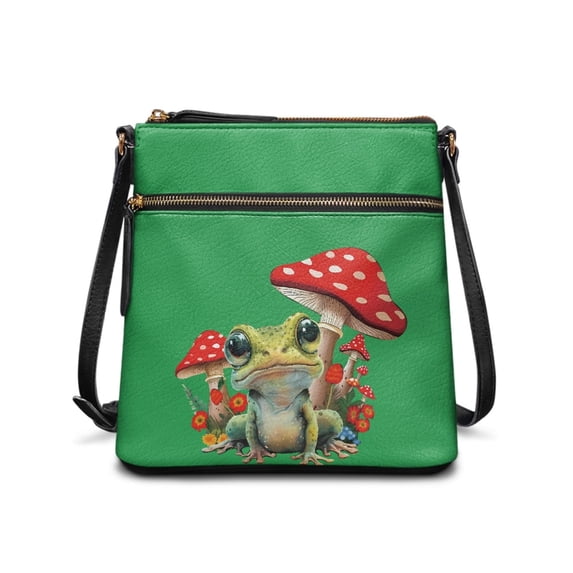 HELLHERO Frog and Mushroom Pattern Crossbody Purse, Waterproof Satchel Bag PU Leather Durable Single Shoulder Crossbody Purse for Daily Storage Leisure Time