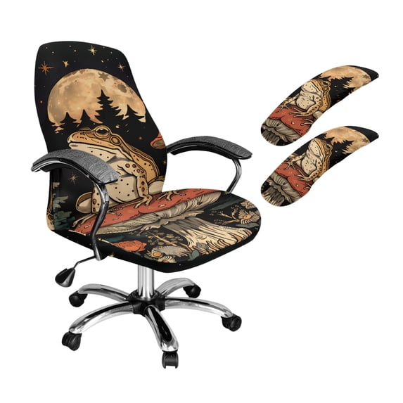 HELLHERO Frog Mushroom Print Office Chair Cover Set, Decorative Computer Chair Cover with Armrest Covers, Anti-dust Office Cushion Backrest Covers for Rotating Chairs