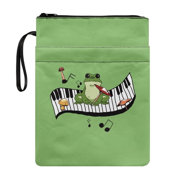 HELLHERO Frog Piano Pattern Book Lovers Gift Zipper Bag with Decorative Design Zipper Polyester Book Organzoer Holder Handle for Librarian Classroom Library