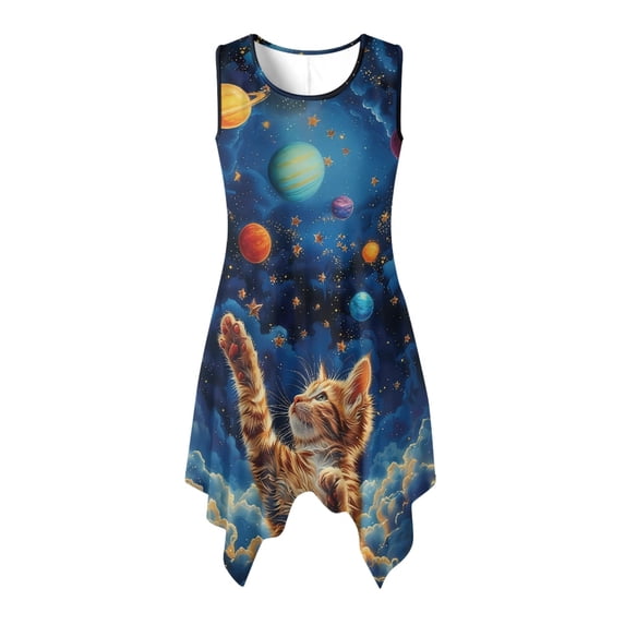 HELLHERO Galaxy & Planets Print Tank Sleeveless Dresses, Side Pockets Asymmetric Hem Midi Dress Comfort Wear Resistant Summer Sleeveless Dress