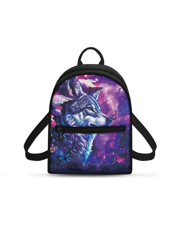 Galaxy Print with Butterfly & Star Accents Lightweight Mini Backpack, Adjustable Strap Ladies Shoulder Backpack with Zipper Closure for Travel Work