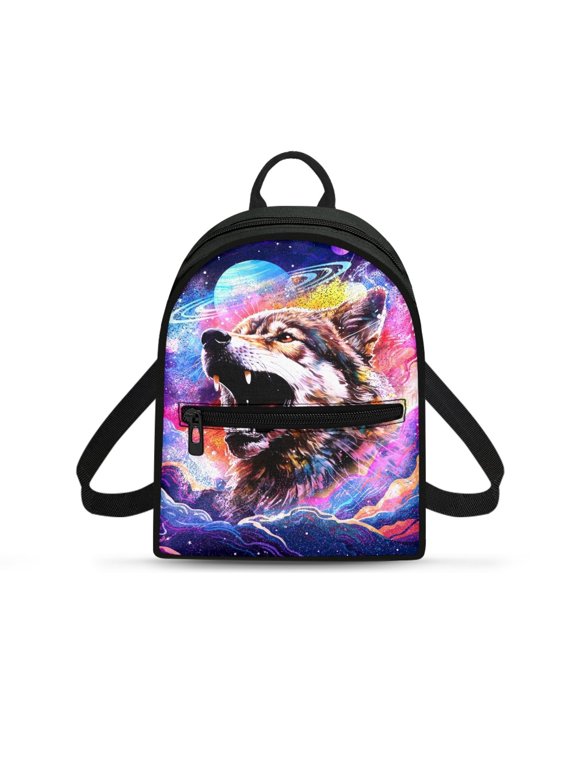 Galaxy Wolf Mini Backpack, Zipper Closure Polyester Daypack, Lightweight Multiple Pockets Backpack for Women for Travel Work Outing