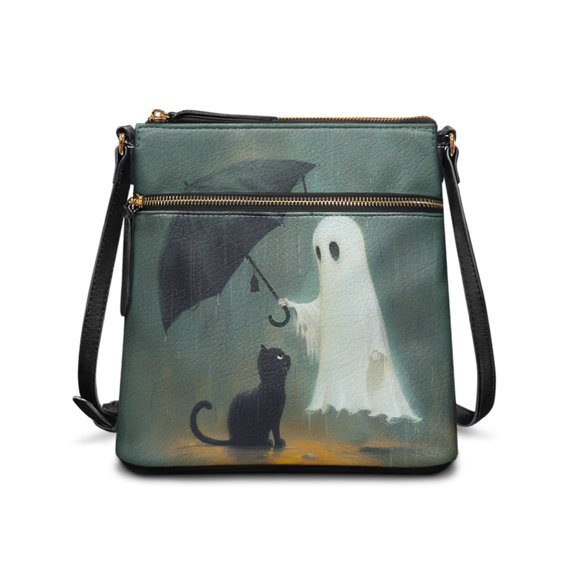 HELLHERO Ghost Cat Design Women's Single Shoulder Bag, Water-Resistant Purse Lightweight Adjustable Strap Crossbody Purse for Everyday Daily