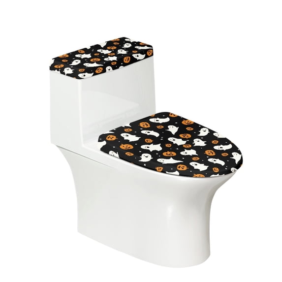 HELLHERO Ghost Pumpkin Toilet Lid Cover Set with Elastic Bottom 2 Piece Set Toilet Lid Dust Cover Set 17"x21" for Soft