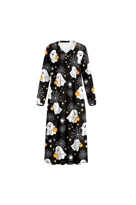 Ghost Spider Web Pattern Design Henley Long Night Gown, Long Sleeve House Dress Loose Elastane Polyester Blend Sleepshirt for Fall