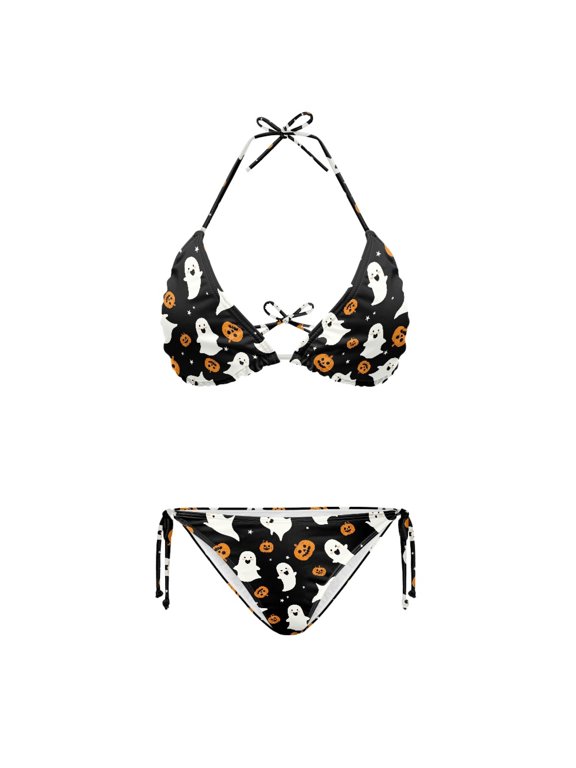 Ghosts Pattern Swimwear Soft Fabric Elastic String Plus Size Halter Bikini Set for Juniors