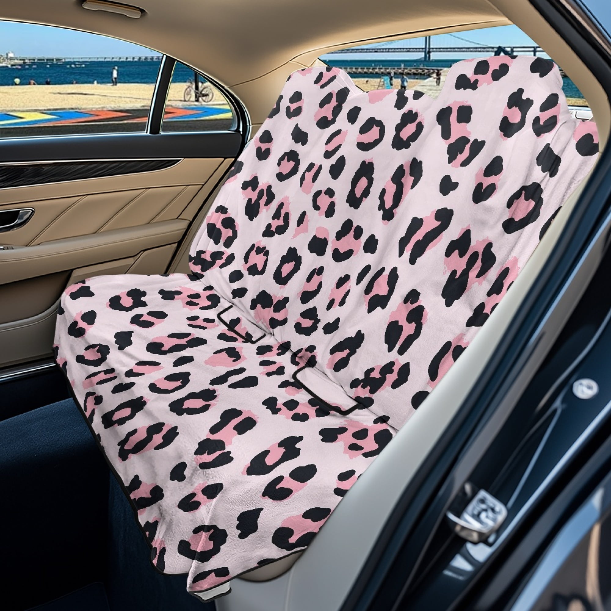 Drydeepin Cheetah Leopard Pink Car Seat Cover Towel Backseat Breathable Rear Bench Towel Seat Covers Non-Slip Universal Fit for Sedan Trucks Van SUV, Automotive Seat Protector
