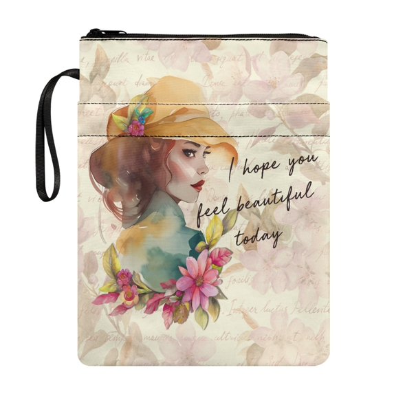 HELLHERO Girl Flower Pattern Zipper Bag with Washable Polyester Tote Bags with Handle for Paperbacks Christian Bible Accessories Bible Tote Bags