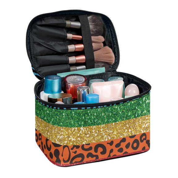 HELLHERO Glitter Leopard Stripe Polyester Make up Bag Zipper Storage Bag Durable Large Capacity Travel Cosmetic Toiletry Bags Handle Handheld Bathroom
