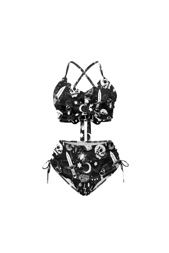 Gothic Skull & Occult Symbol 2 Piece High Waisted Bikini Set - Halter Neck with Drawstring Sides - Spooky Chic Swimwear for Beach & Pool Vacation