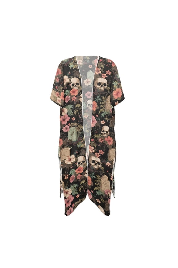 Gothic Skull Tombstone Pattern Long Kimono Swimsuit Cover Up Lightweight Polyester Breathable Bathing Suit Cover Up