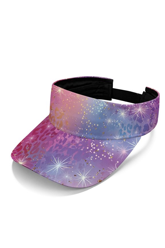 Gradient Galaxy Leopard Print with Sparkle Accents Open Top Sun Visor Cap, Polyester Fabric Adjustable Strap Visor Hat Design Sun Visor Hat for Men