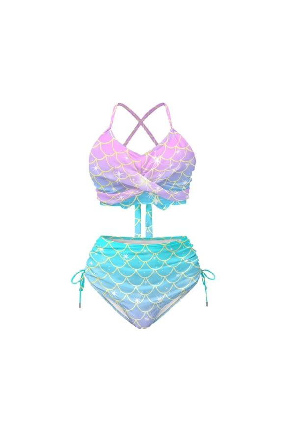 Gradient Mermaid Scale Halter Bikini Set - High Waisted Drawstring Two Piece Swimwear for Beach Vacation & Pool Party - Women's Trendy Bathing Suit
