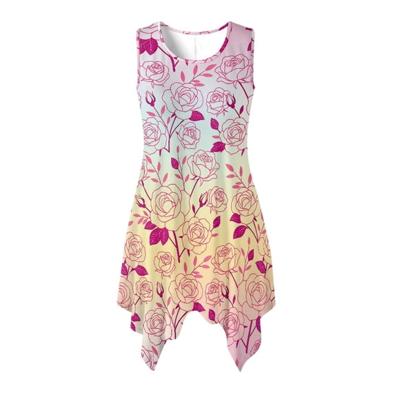 HELLHERO Gradient Rose Floral Summer Sleeveless Dress for Holiday Graduation, Side Pockets Round Neck Sleeveless Sundress