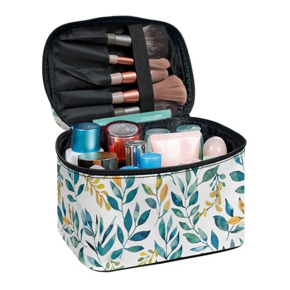 HELLHERO Green Leaf Pattern Portable Cosmetic Organizer Bags with Brush Slots Travel Portable 8.86 x 6.5 x 5.9 Inches Polyester for Men and Women Home Offices