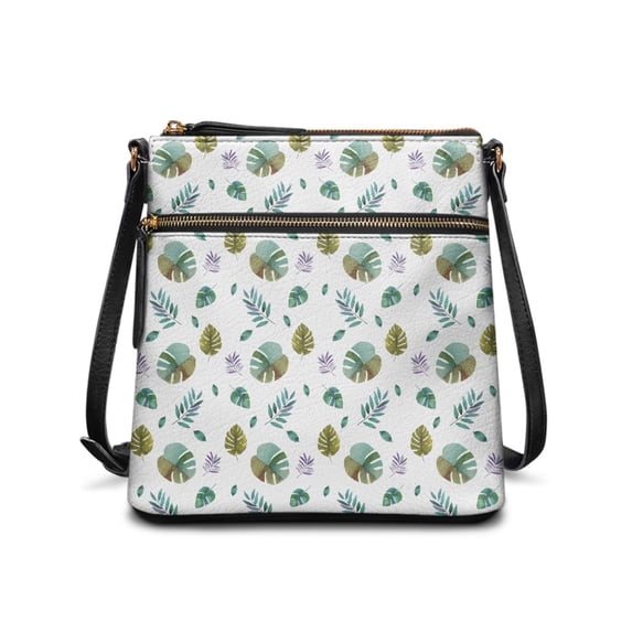 HELLHERO Green Leaf Pattern Sling Bag, Fashion Shoulder Bag PU Leather Waterproof Casual Shoulder Bag for Daily Shopping