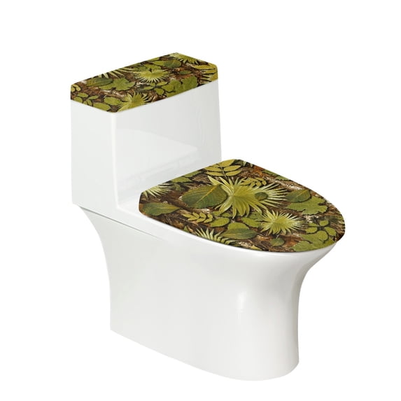HELLHERO Green Leaf Pattern Stretch Universal Elastic Edge Polyester Toilet Cover Set Hotel Home Reusable Stays in Place 17x21 Inches 2 Piece Set
